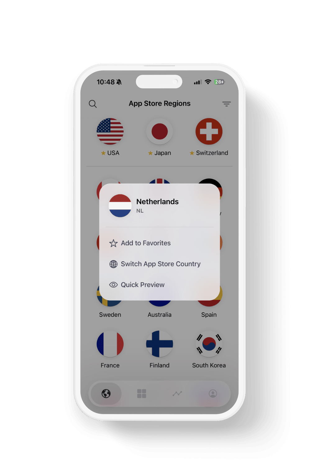 Fellow showing options to switch the App Store country or open a Quick Preview