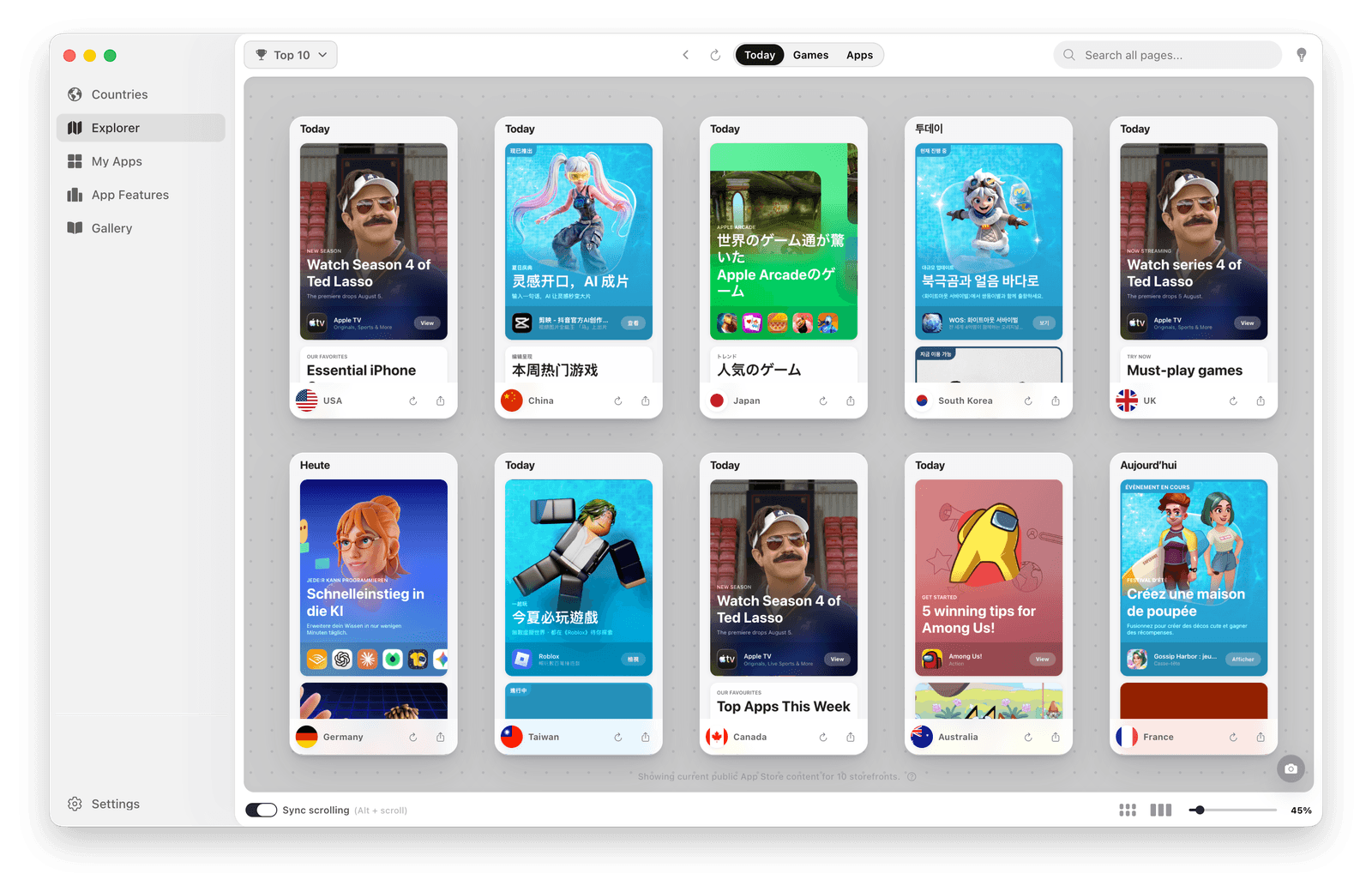 Fellow App Store Explorer comparing editorial content across multiple countries